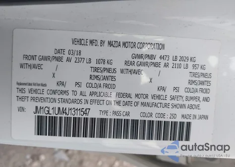 2018 Mazda Mazda6 Sport из США, поврежденный, VIN JM1GL1UM4J1311547